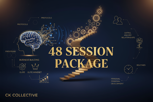 48 Session Package with CK Collective to work on boundaries, protocols, non-negotiables, dating, business-building, personal tactics, business endeavors, relationship turmoil, elite mindset, routines, letting go, and rewiring your subconscious brain. 30-minutes each.