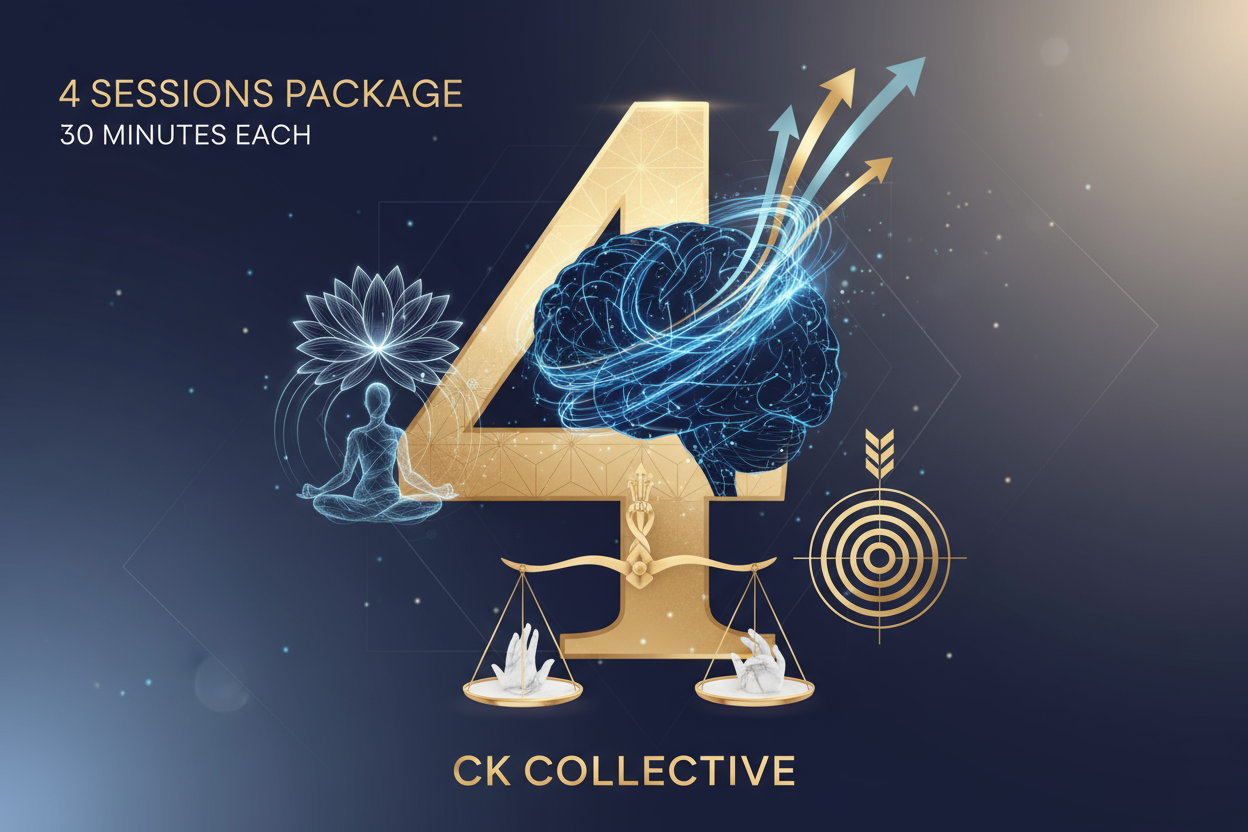 4 Sessions Package with CK Collective to work on personal tactics, business endeavors, relationship turmoil, elite mindset, routines, letting go, and rewiring your subconscious brain. 30-minutes each. 