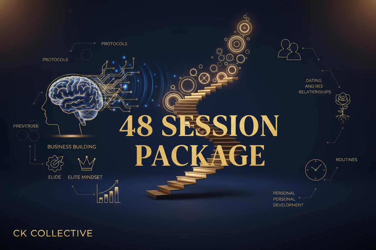 48 Session Package with CK Collective to work on boundaries, protocols, non-negotiables, dating, business-building, personal tactics, business endeavors, relationship turmoil, elite mindset, routines, letting go, and rewiring your subconscious brain. 30-minutes each. 